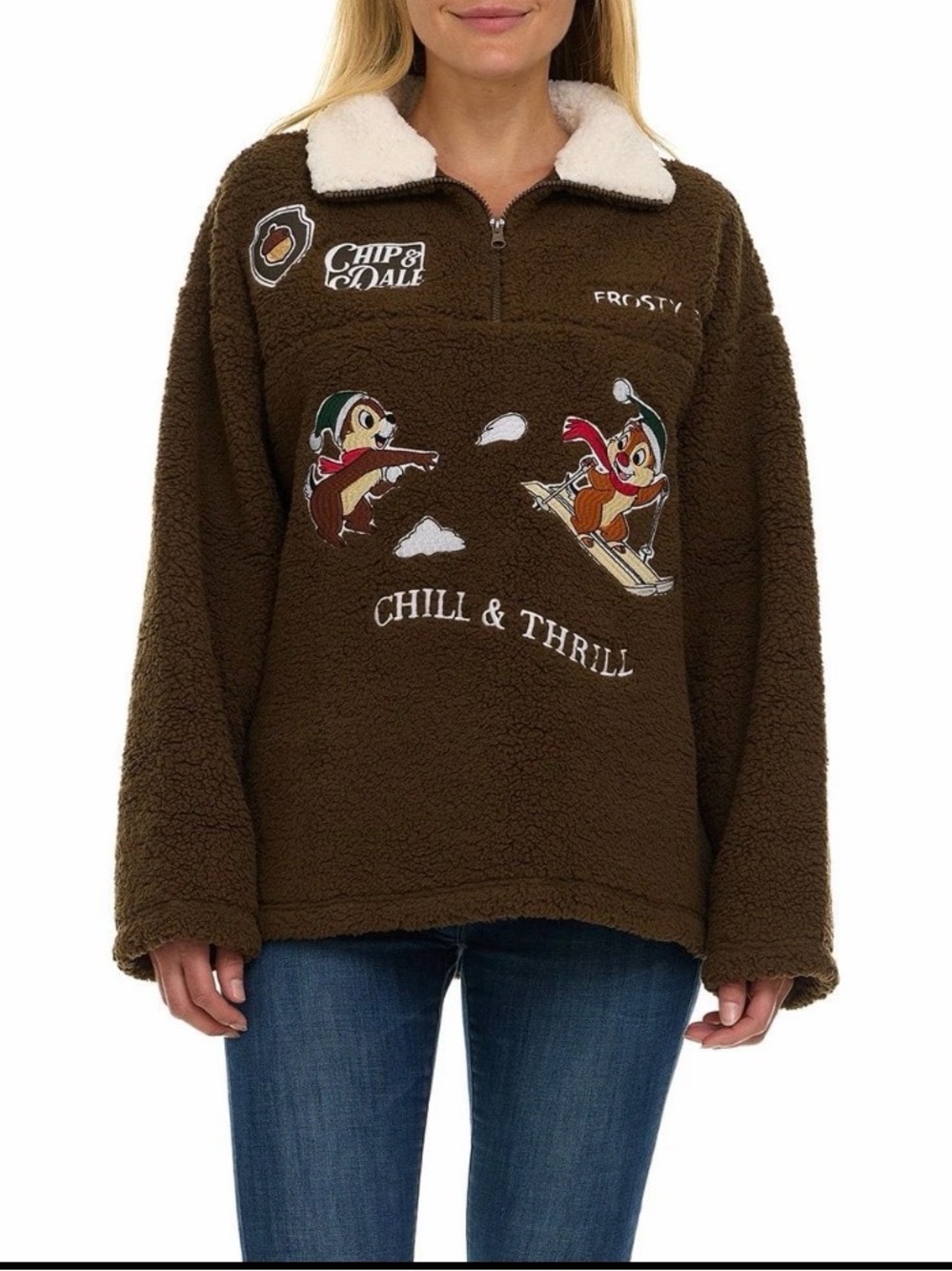 Disney Brown Sherpa Pullover with Chip & Dale Ski Graphics